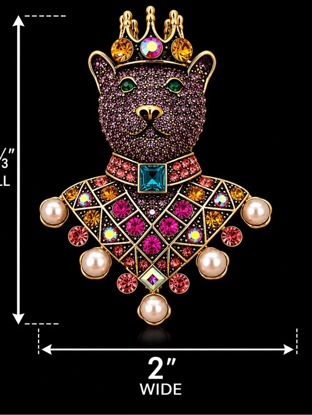 Regal Cat Crown Brooch — Gold-Tone Multicolor Crystal & Pearl Pin